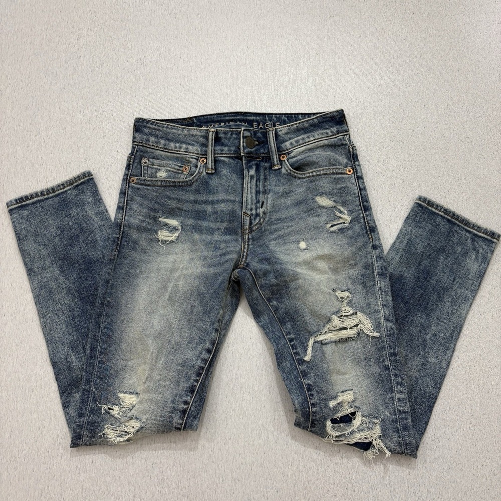 American Eagle Mens Next Level Airflex Skinny Jeans 26x28 Blue Distressed NWT